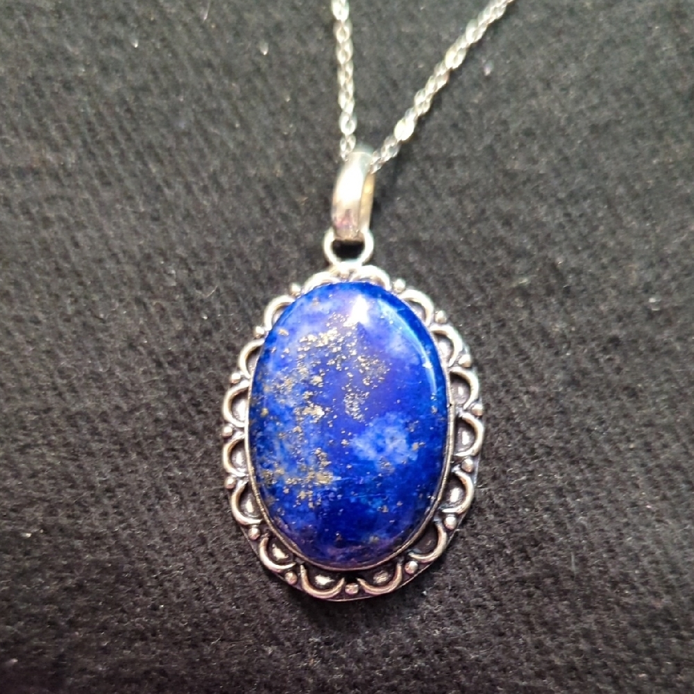 Silver Plated Blue Lapis Lazuli Gemstone Oval Pendant Statement Necklace